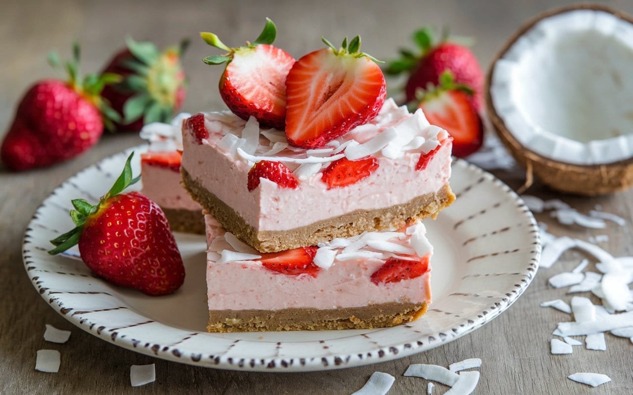 No-Bake Strawberry Cheesecake Bars with Coconut Crust